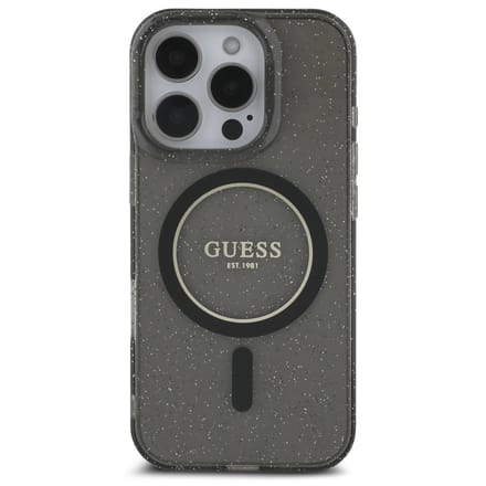 Guess MagSafe IML Glitter Case met beads strap voor de Apple iPhone 16 Pro - Zwart
