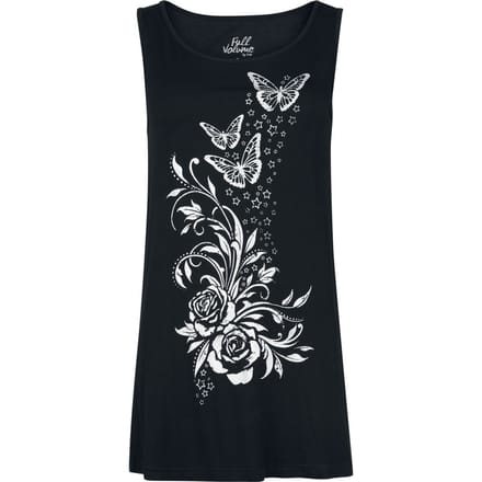 Full Volume zwarte top met vlinder- en rozenprint op de voorkant - Dames - S