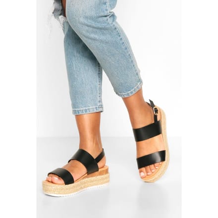 boohoo Dames Double Strap Espadrille Flatforms | Black | Maat: 8