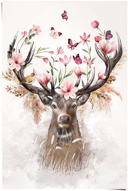 Poster Hert in Bloemen - 91,5 x 61 - Papier - REINDERS