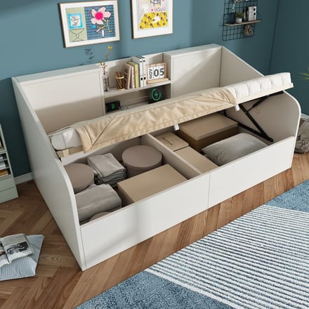 MODFU - Bedframe 90x200 cm – Daybed met opbergruimte & laadstation – Hydraulisch – Wit hout
