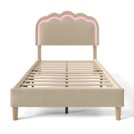 Gestoffeerd Bed LED Eenpersoonsbed 90 x 190 cm, Bedframe met Lattenbodem en Verstelbaar Hoofdeinde, Beige, Bedframe, Fluweel