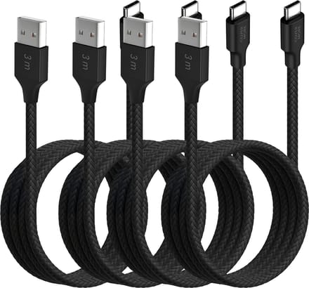 Voordeelbundel usb C kabels 3 meter - Usb naar usb C - Lang - 4 stuks - Zwart