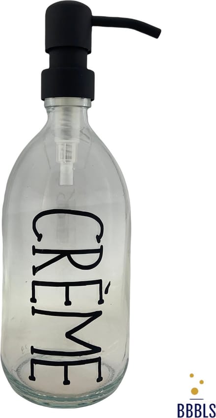 BBBLS® Design Dispenser "Creme" | Transparant Glas | 500ml | RVS / Metaal Pomp Zwart | Zeeppomp | Zeepdispenser | Zeephouder