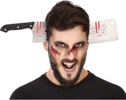 Halloween/horror verkleed hoofdband - dikke pech - hakmes door je hoofd - kunststof