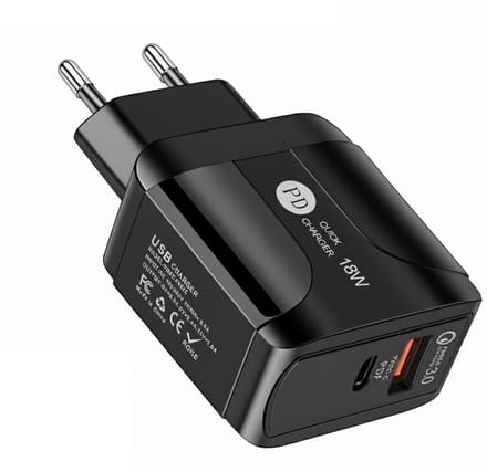 18W Reislader met LED-indicator - USB-C PD + QC 3.0 Snellader - oplader adapter - Universeel voor Smartphone en Tablet - zwart
