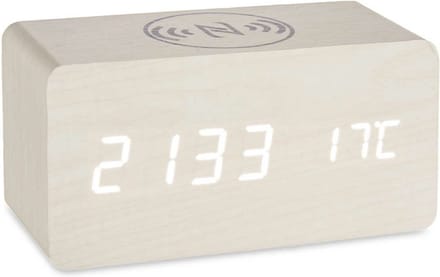 Giftdecor Tafelklok/wekker Josimity - wit - MDF - 15x7 cm - Digitale tijd - temperatuur - opladen - batterij/usb voeding