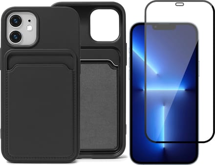 Zwart Pasjeshouder Hoesje geschikt voor Apple iPhone 12 Mini - Screenprotector Glas - Case met Pasjeshouder - Backcover