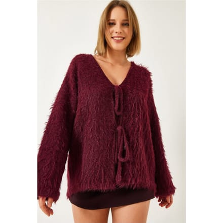 Textuur gebreide V-hals lange cardigan met pompom