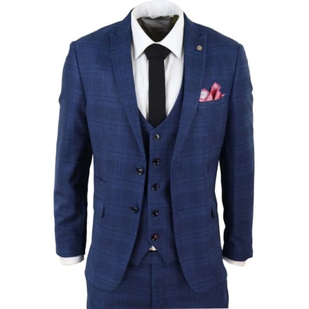 Heren 3-delig blauw birdseye geruit klassiek pak