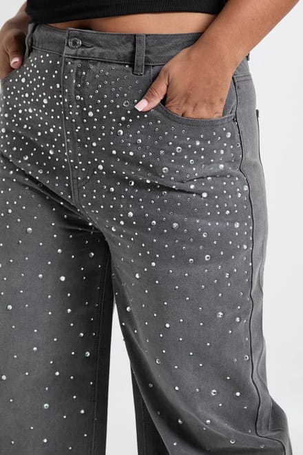 boohoo Dames Plus versierde hoge taille rechte pijp jeans | Grijs | Maat: 44