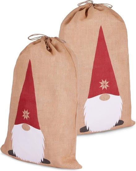 Set van 2 Jute Kerstcadeauzakken met Kabouter - 80 cm Geschenkzak met Trekkoord
