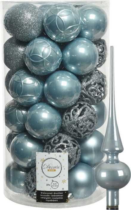 Kunststof kerstballen D6 cm - incl. glazen piek glans - lichtblauw