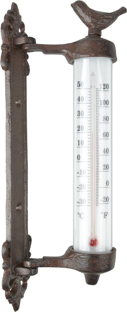 Esschert Design Wandthermometer - 1x - gietijzer - met vogel - 27 cm - temperatuurmeter