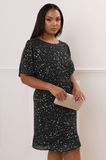 Luxe: Ultimate Embellishment Luxe Geweven Shiftjurk Met Kralen & Pailletten In Zwartsize 48