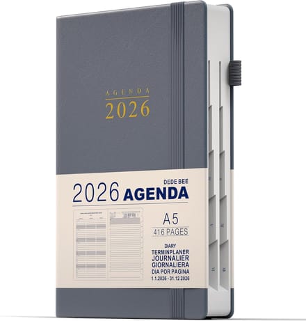 Kalender 2026 - Agenda planner - Dagelijkse planning - A5 formaat hardcover - 416 pagina's - Grijs