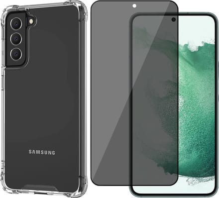 Hoesje geschikt voor Samsung Galaxy S22 Plus - Transparant met Screenprotector Set - Privacy Gehard Glas Full Screen Tempered Glass Screen Protector