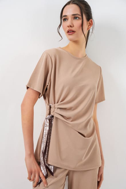 Crew Neck Strikdetail Geribbelde Co-Ord Set met Wijde Pantalons