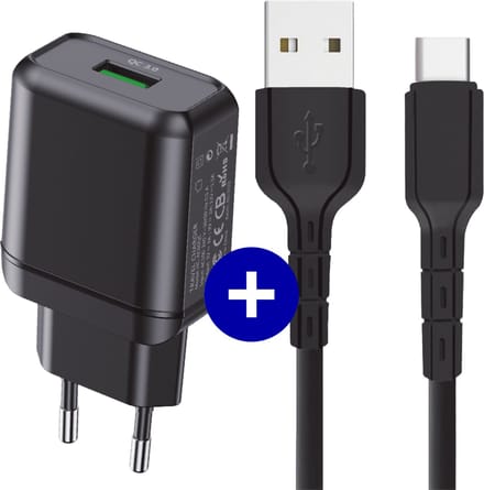 Usb Adapter met usb-C Kabel - 1 Meter - Snellader - Quick Charge 18w - Voor S21,Tab S7,Tab A8,Tab S6 Lite, A52, A53, A51, A13, S22, S21, S10