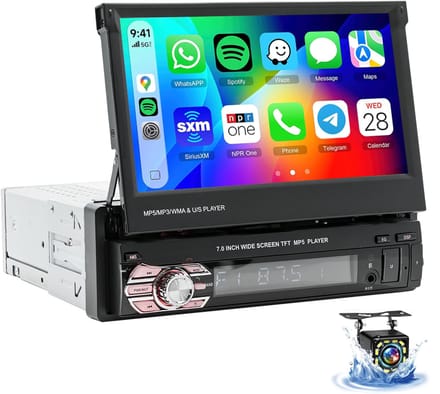 ESSGOO 1 DIN autoradio met Bluetooth - Apple CarPlay & Android Auto - 7" HD touchscreen handmatig opvouwbaar scherm - 12 LEDs achteruitrijcamera