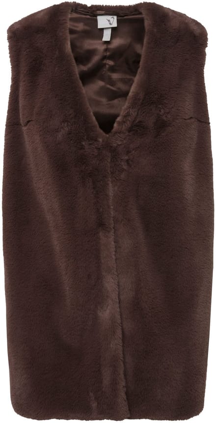 Ulla Popken - Dames - Geweven bont bodywarmer V-hals haaksluiting mouwloos - Donkerbruin - Maat 50+