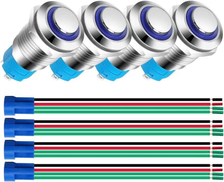 4x Set 12mm Momentary Drukknop RVS met Blauwe LED - 1NO, Waterdicht