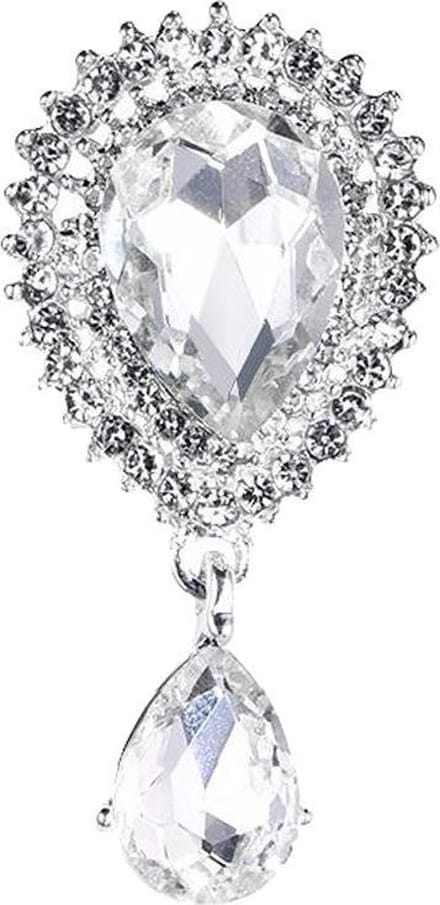 Fako Bijoux® - Broche - Druppel Kristal - 24x48mm - Zilverkleurig