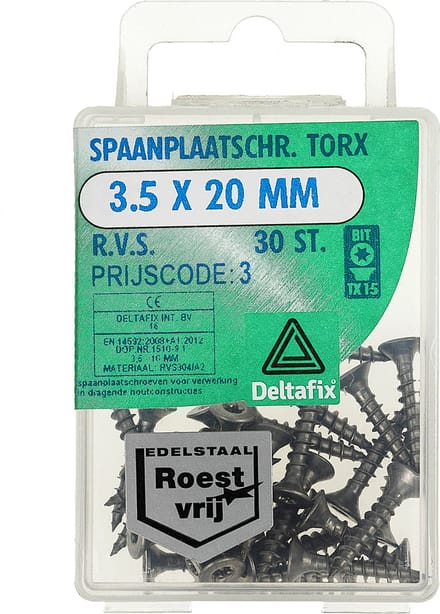 Deltafix spaanplaatschroef platkop / torx r.v.s. a2 3.5 x 20 mm 30 st.