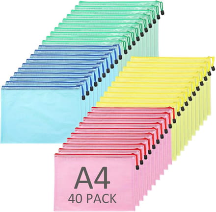 Famanu - A4 documententas met ritssluiting, kunststof vak, opslag voor documenten en mappen, 40 stuks