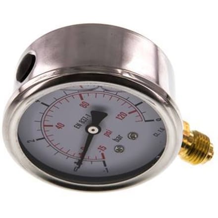 -1..9 Bar Glycerine Manometer Onderaansluiting RVS/Messing 63 mm Klasse 1.6 - ML-1963SVG