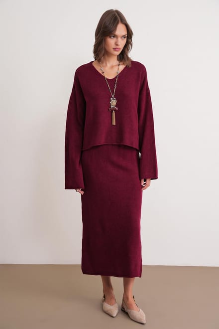 V-hals Brei Sweater & Rok Co-ord Set