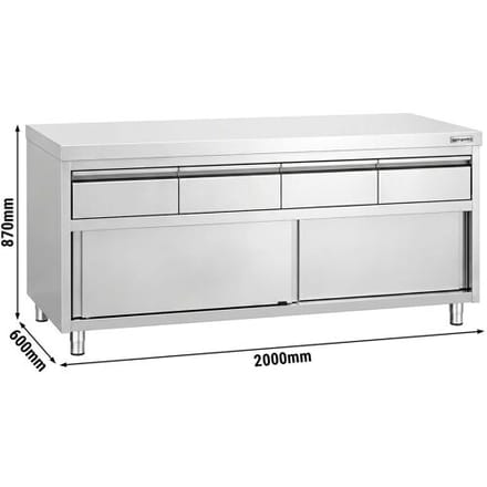 GGM Gastro Edelstahl Arbeitsschrank PREMIUM - 2000x600mm - mit 4 Schubladen & Schiebetür