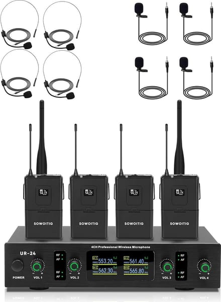 Draadloos 4-kanaals UHF Microfoonsysteem met Lavalier en Headset Microfoon - 90m Bereik