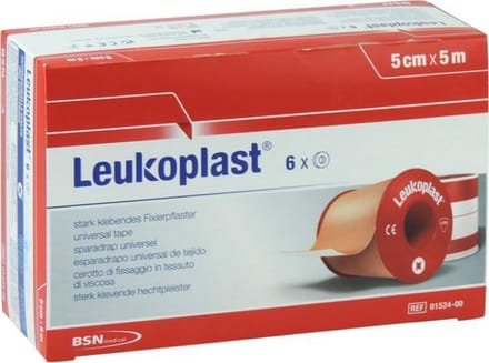 Leukoplast, hechtpleister met klemring 5cm x 5m, doosje 6 stuks