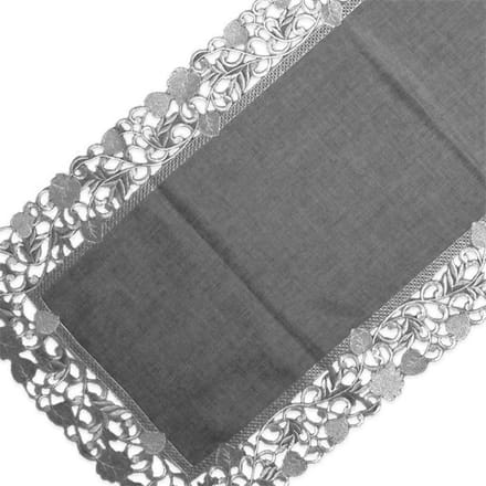 Tafelkleed - Linnenlook - Donker Grijs met blaadjes - Loper 150 cm