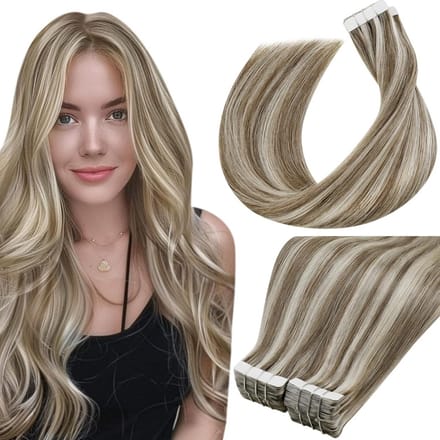 Tape in Hairextensions Echt Menselijk Haar Lichtbruin & Blond Highlights Makkelijk Aanbrengen