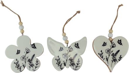 Decoratieve hanger hart bloem vlinder wit naturel 9cm 3st, 3 Stück