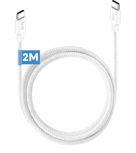 Lange usb C kabel 2m - 65w laptop oplader usb C - Oplaadkabel - Stevig nylon - Wit - Phreeze