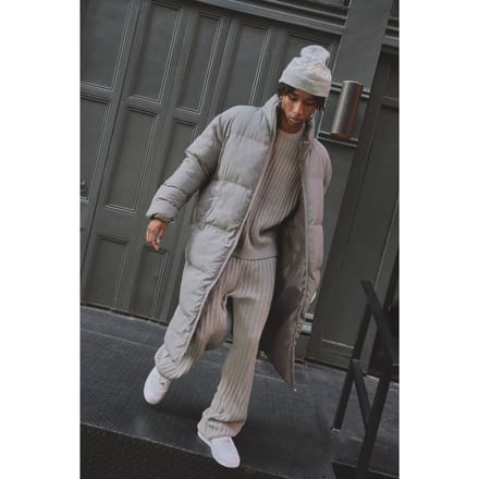 Oversized Crinkle Nylon Funnel Neck Longline Puffer Jacket | Grey | Size Medium