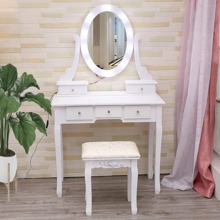 Coiffeuse met Spiegel en Verstelbare LED‑verlichting - Kaptafel met 5 Lades en Krukje, 2‑in‑1 Make‑uptafel/Bureau