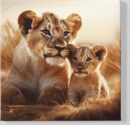 Vierkant Canvas Schilderij - Dieren - Moeder Leeuwin met Welp - 40x40x2 cm