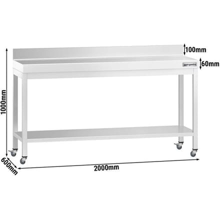 GGM Gastro RVS werktafel PREMIUM - 2000x600mm - met onderstel, opstaande rand & wielen zilver