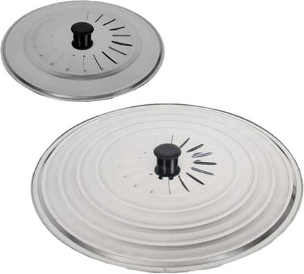 Gerimport Set 2x stuks universele spatdeksels - pannendeksels - rvs - met stoomuitlaat - Dia 22 en 34 cm