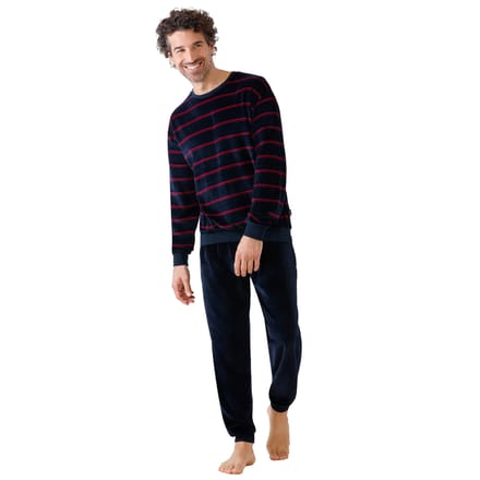 Velours heren pyjama blauw met strepen - Blauw - Maat - 56