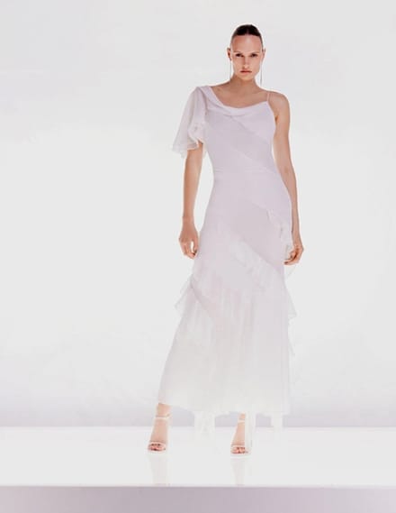 Karen Millen - Midi Jurk - Wit - Asymmetrische Mouw - Ruffles