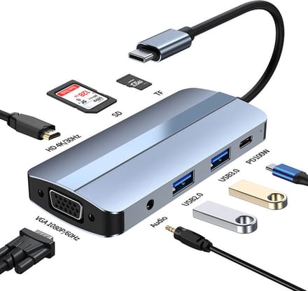 BrightNerd - 8 in 1 USB C HUB - HDMI 4K - VGA - 2x USB3.0 - USB-C - SD - Micro SD - 3.5mm audio
