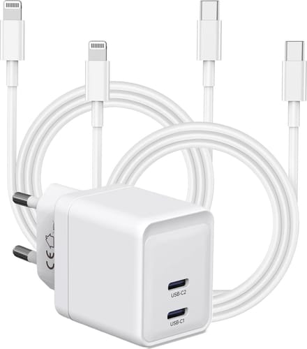 Dubbele usb C Oplader + Oplaadkabel geschikt voor iPhone - Lightning naar usb-C - 35w Snellader - Dubbele usb C Stekker - Oplader geschikt voor iPad 2017 t/m 2021 - Usb C Adapter