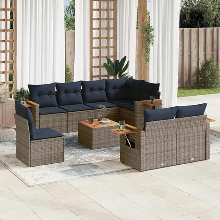 vidaXL - 9-delige - Loungeset - met - kussens - poly - rattan - grijs