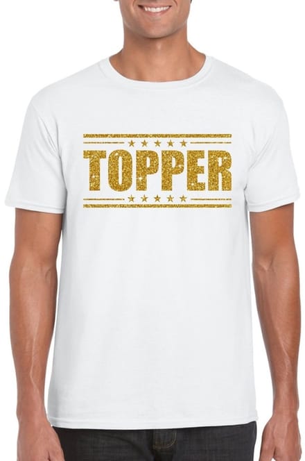 Wit Topper shirt in gouden glitter letters heren - Toppers dresscode kleding L