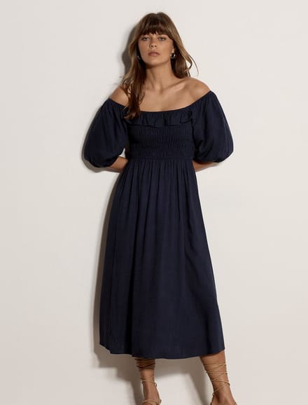 Gesmokte Bardot-maxi-jurk